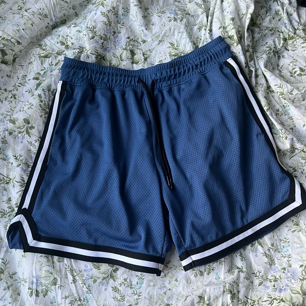 Blue Athletic Shorts with Black and White Stripes